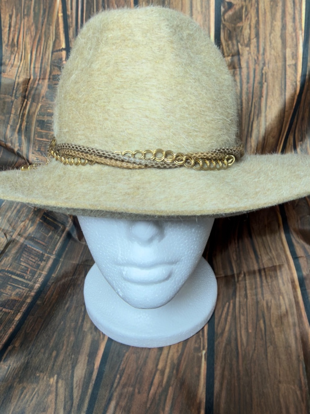 Eugenia Kim Rabbit Hair Felt Fedora Wide Brim Hat Braided Band Tan Western Boho